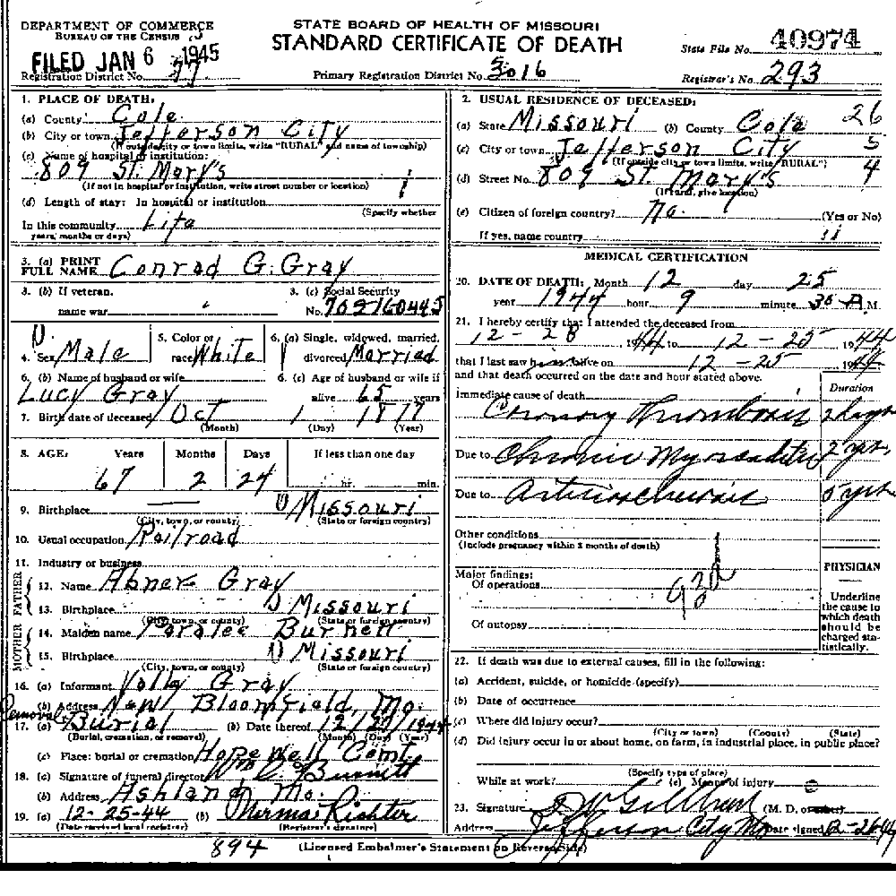 Death Certificate of Gray, Conrad