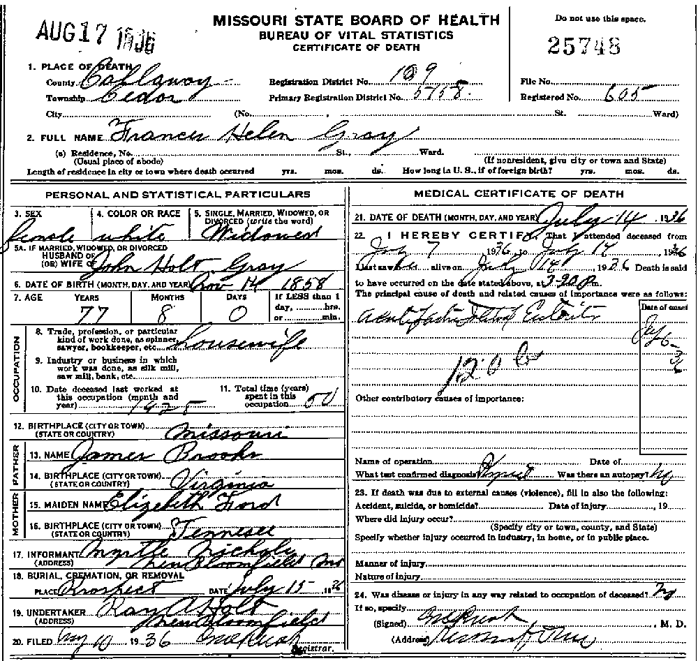 Death Certificate of Gray, Frances Helen Brooks