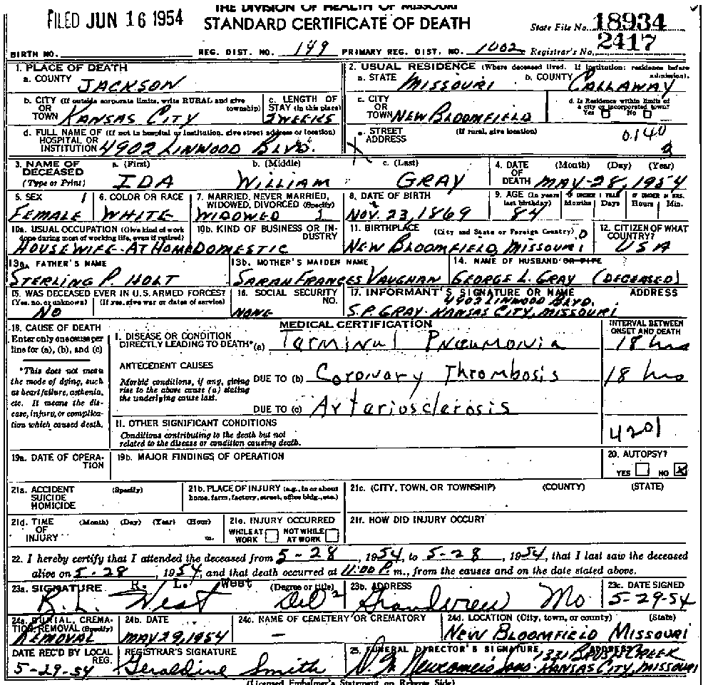 Death Certificate of Gray, Ida Wilson Holt