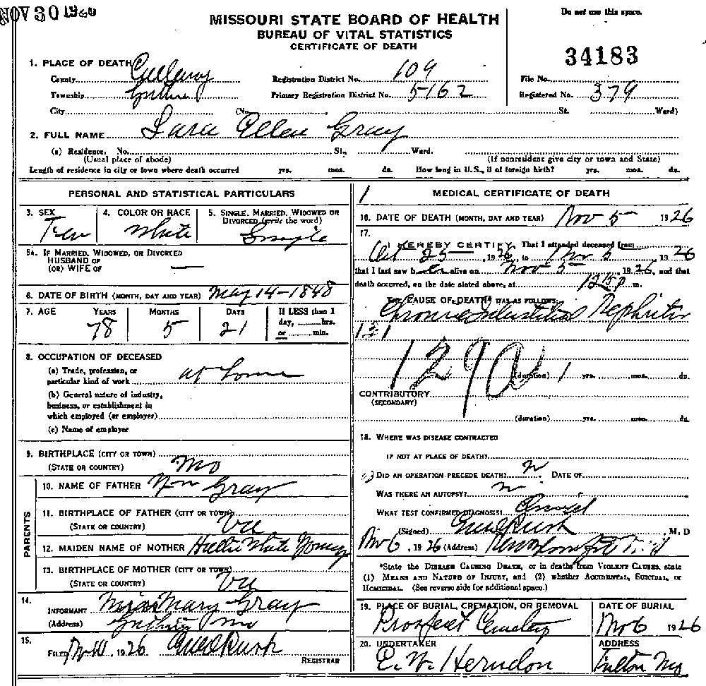 Death Certificate of Gray, Sarah Ellen