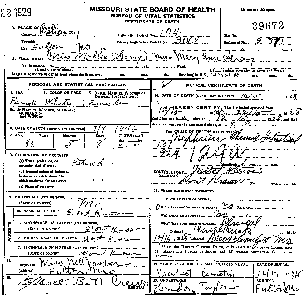 Death Certificate of Gray, Mary Ann