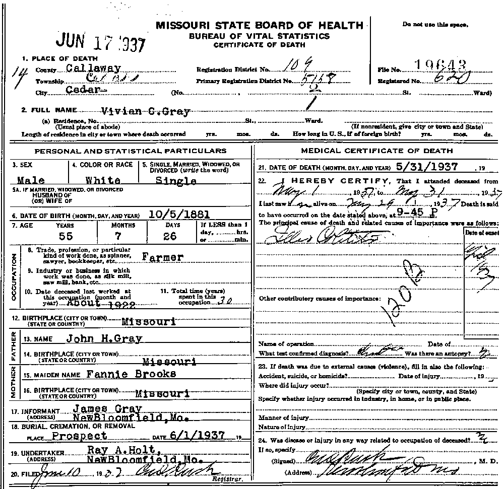 Death Certificate of Gray, Vivian Childers