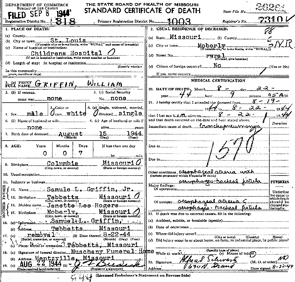 Death Certificate of Griffin, William