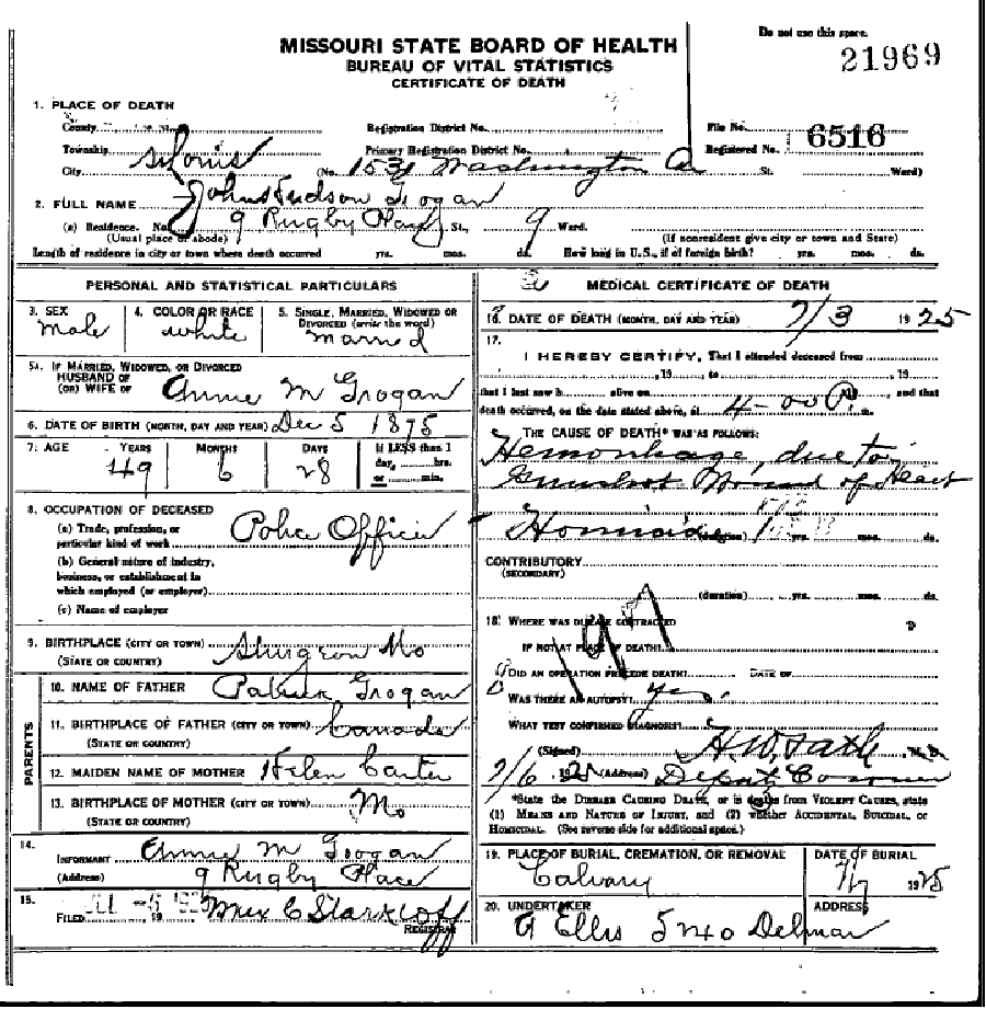 Death certificate of Grogan, John Hudson