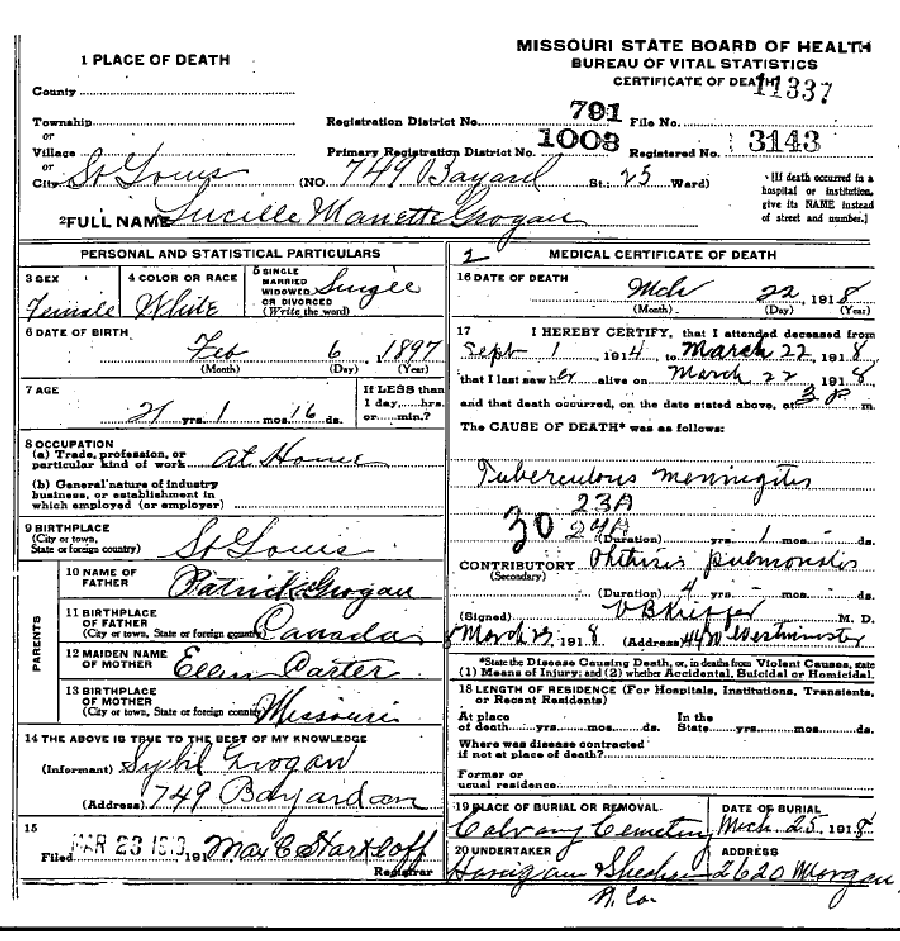 Death certificate of Grogan, Lucille Manette