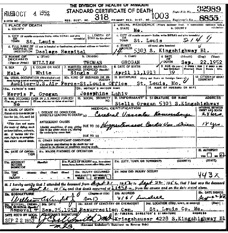 Death certificate of Grogan, William Thomas