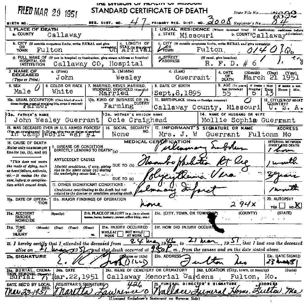 Death Certificate of Guerrant, John Wesley