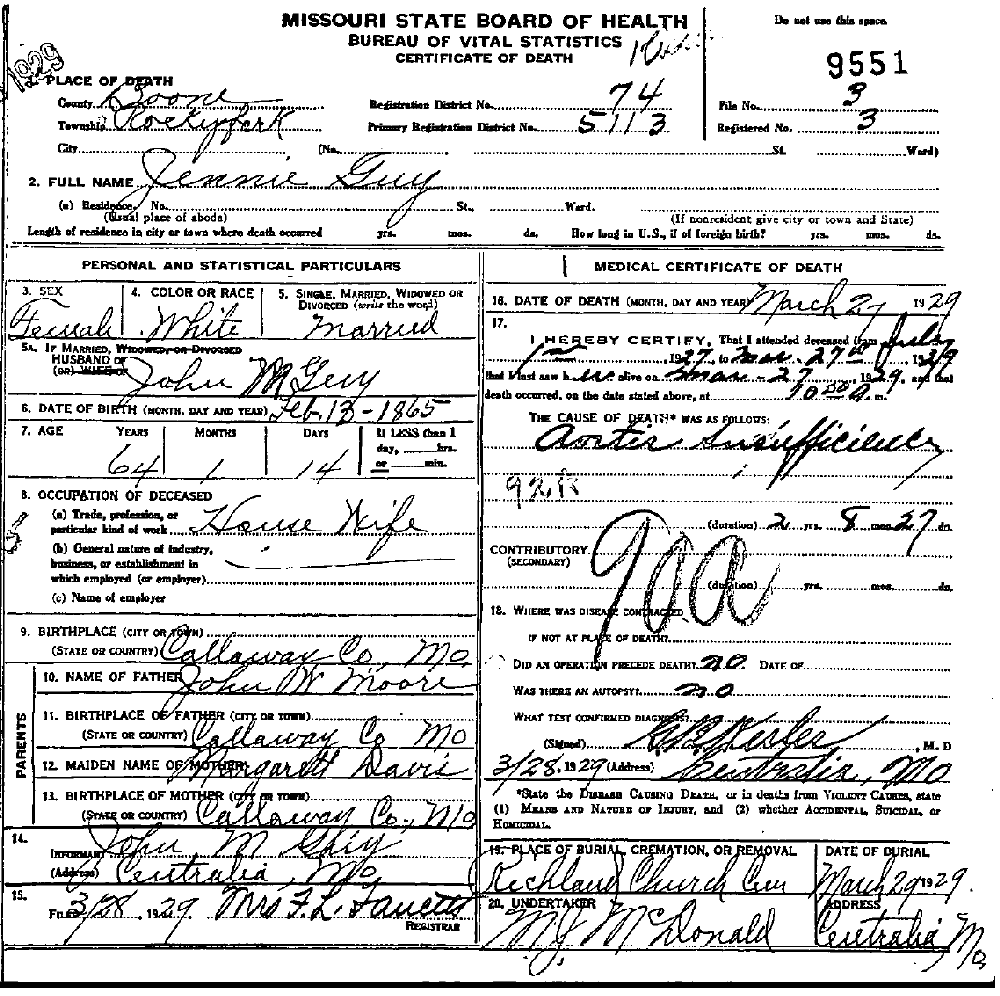 Death Certificate of Guy, Virginia Moore