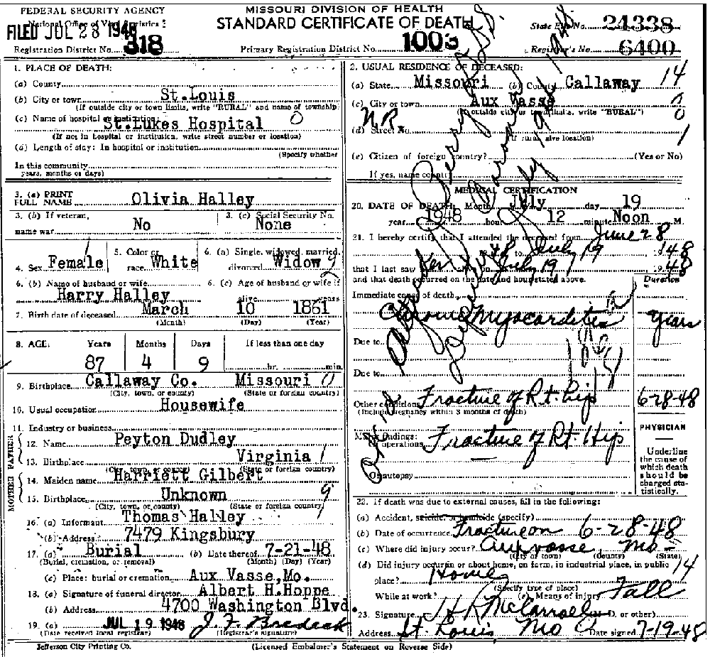 Death Certificate of Halley, Olivia Dudley