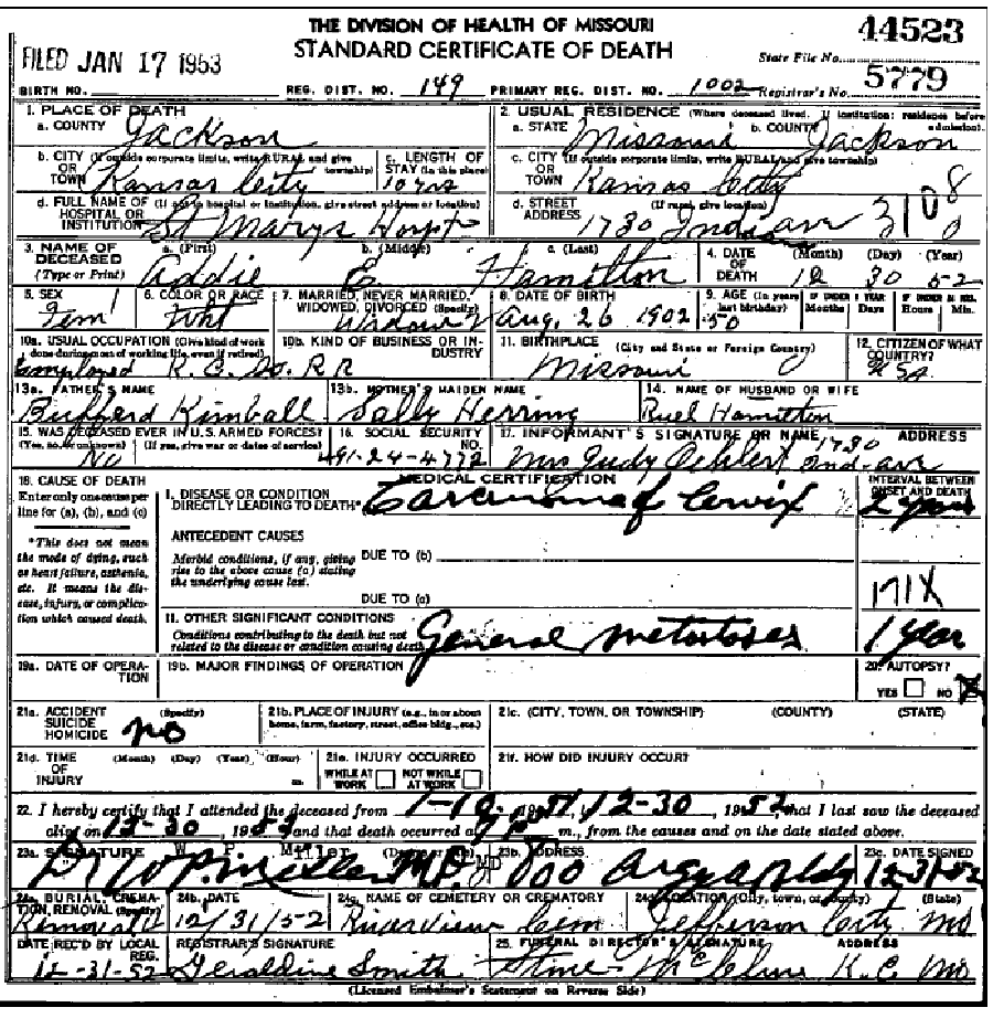 Death certificate of Hamilton, Addie Kimball