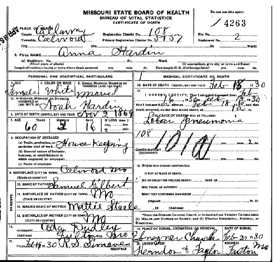 Death certificate of Hardin, Anna Gilbert