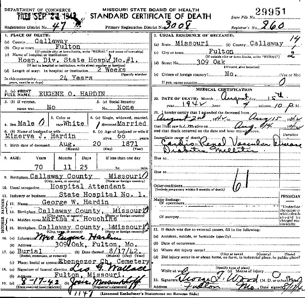 Death Certificate of Hardin, Eugene O.