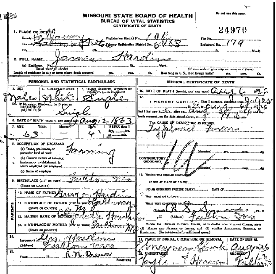 Death certificate of Hardin, James
