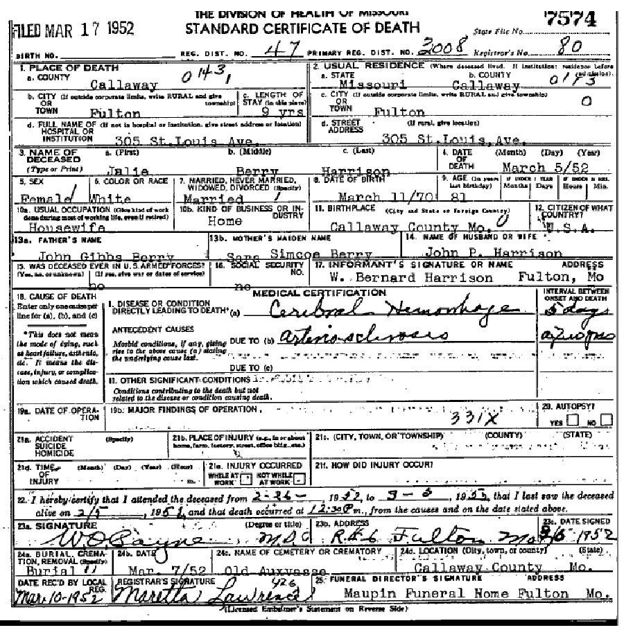 Death certificate of Harrison, Julia Alice Berry