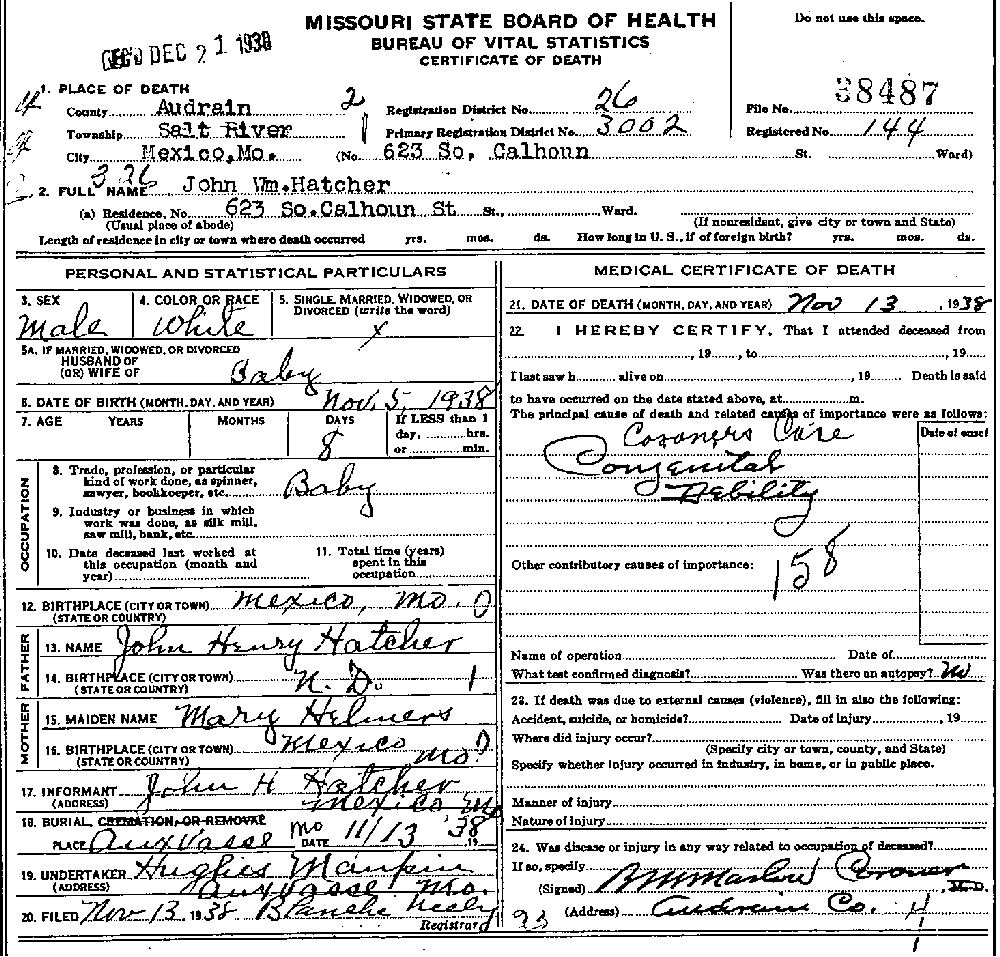 Death Certificate of Hatcher, John William