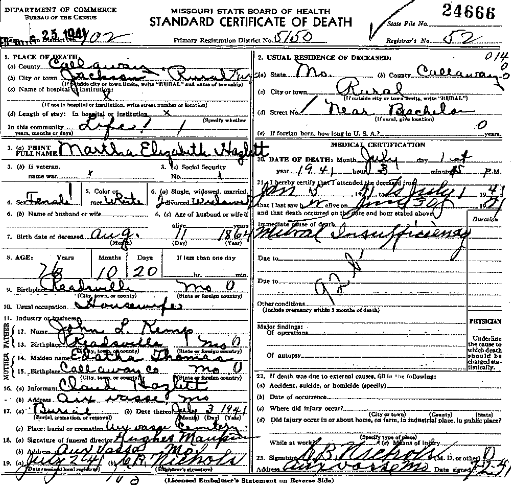 Death Certificate of Hazlett, Martha Elizabeth Kemp