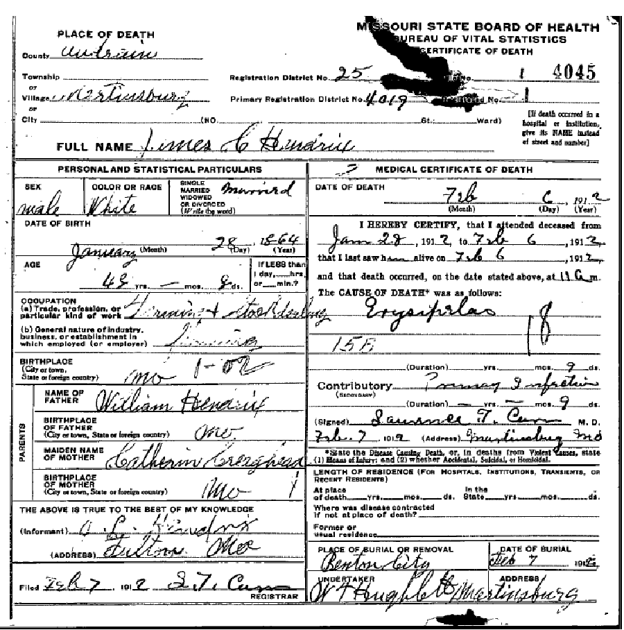 Death certificate of Hendrix, James C.