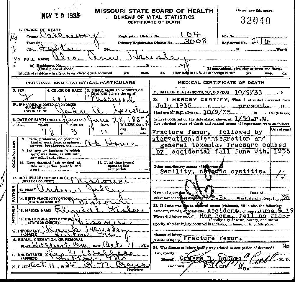Death Certificate of Hensley, Alice Ann Jolly