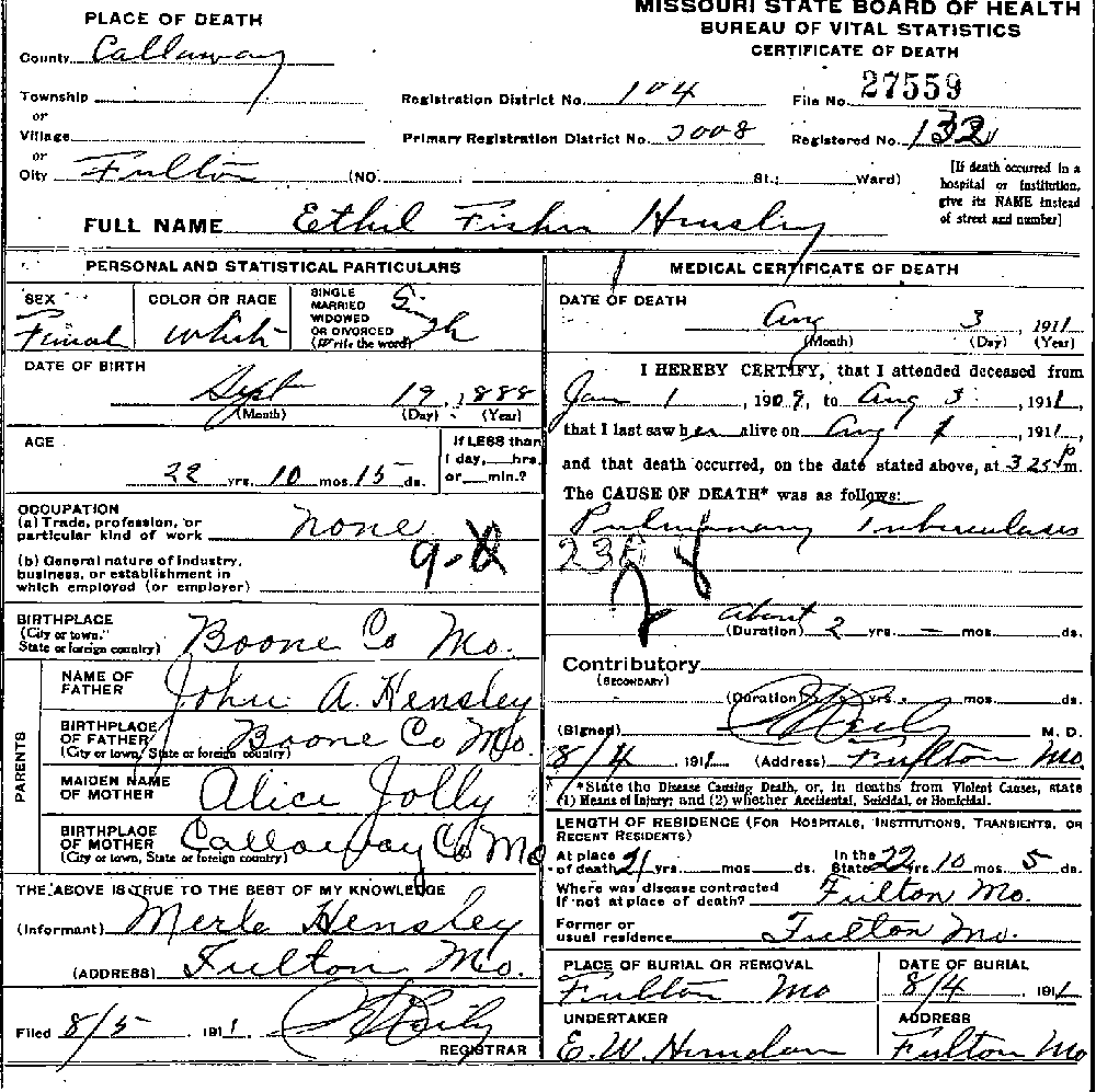 Death Certificate of Hensley, Ethel Fisher