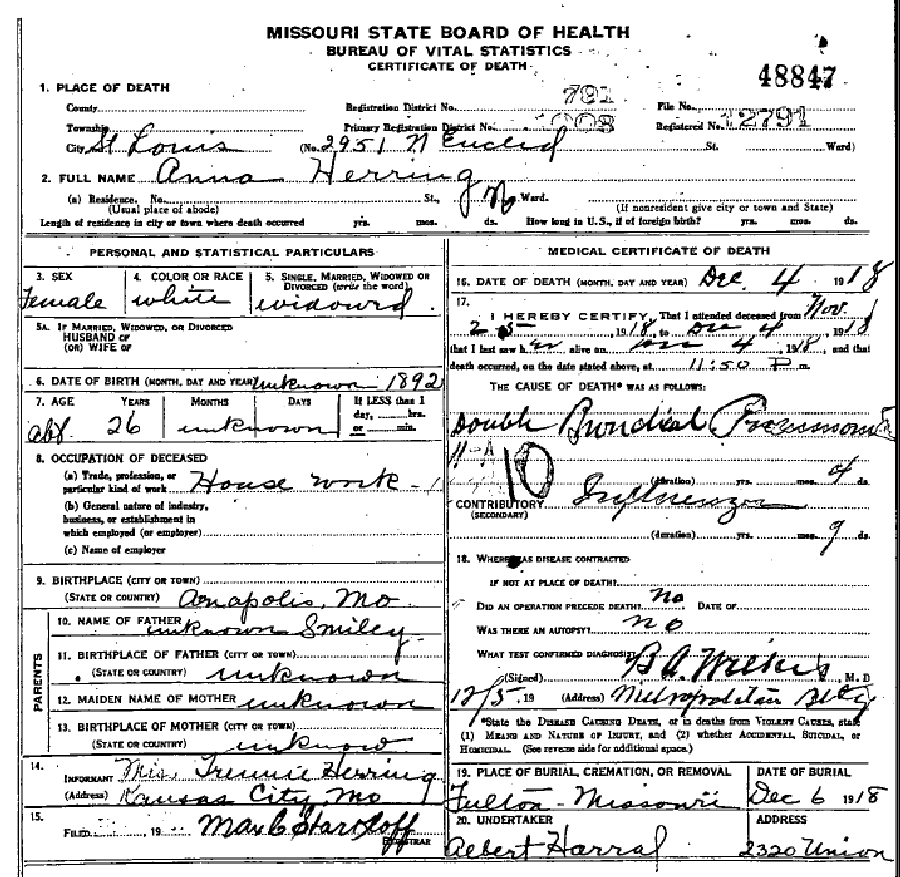 Death certificate of Herring, Anna Smiley