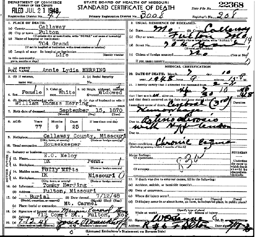 Death certificate of Herring, Annie Lydia Meloy