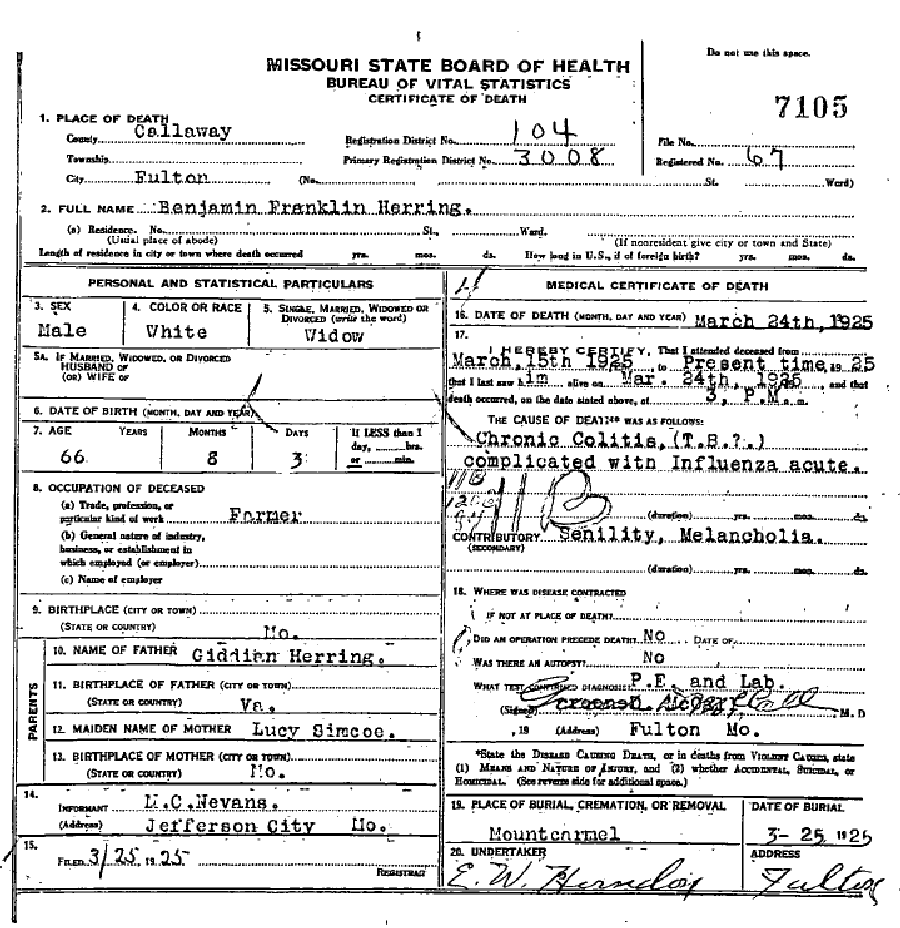Death certificate of Herring, Benjamin Franklin
