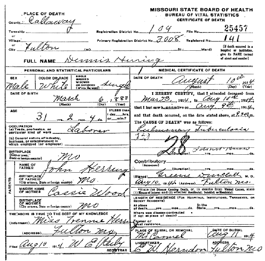 Death certificate of Herring, Dennis