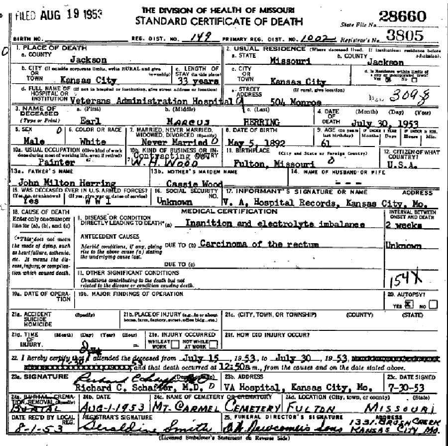 Death certificate of Herring, Earl Marcus
