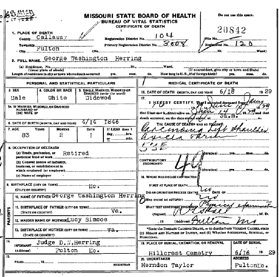 Death certificate of Herring, George Washington, Jr.