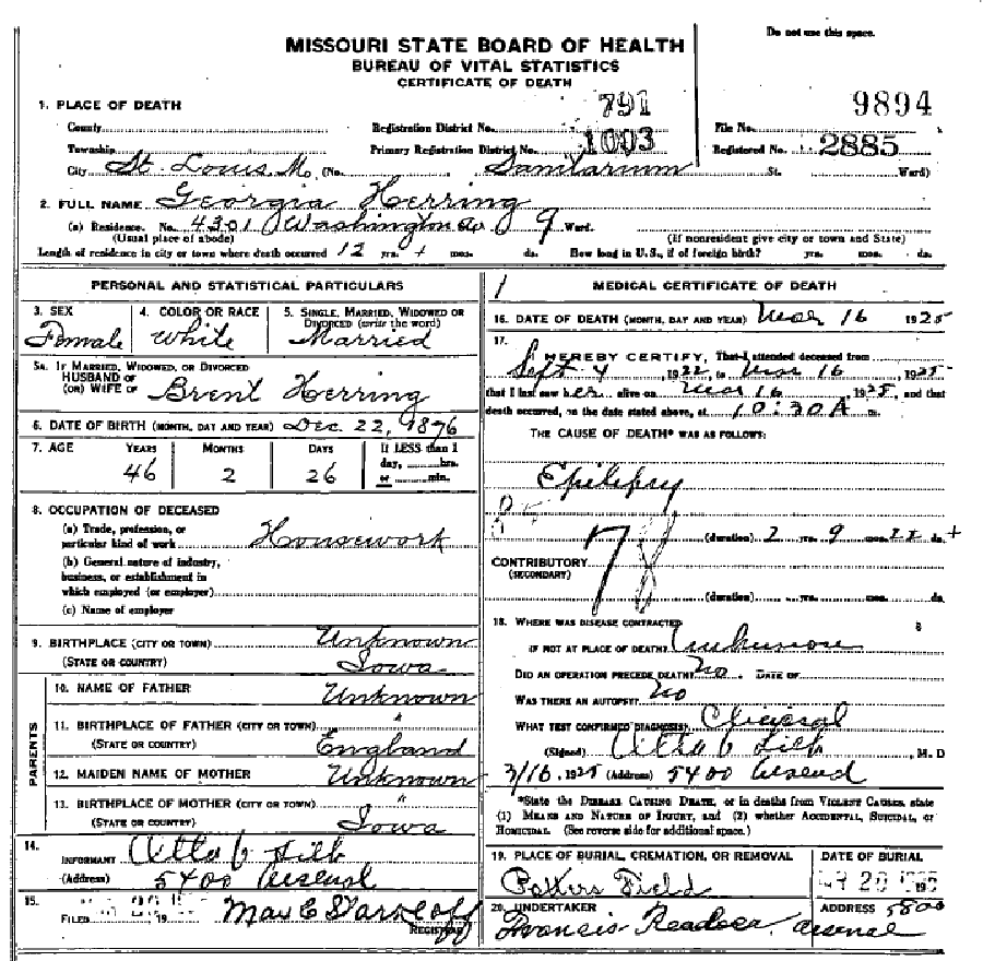 Death certificate of Herring, Georgia unknown
