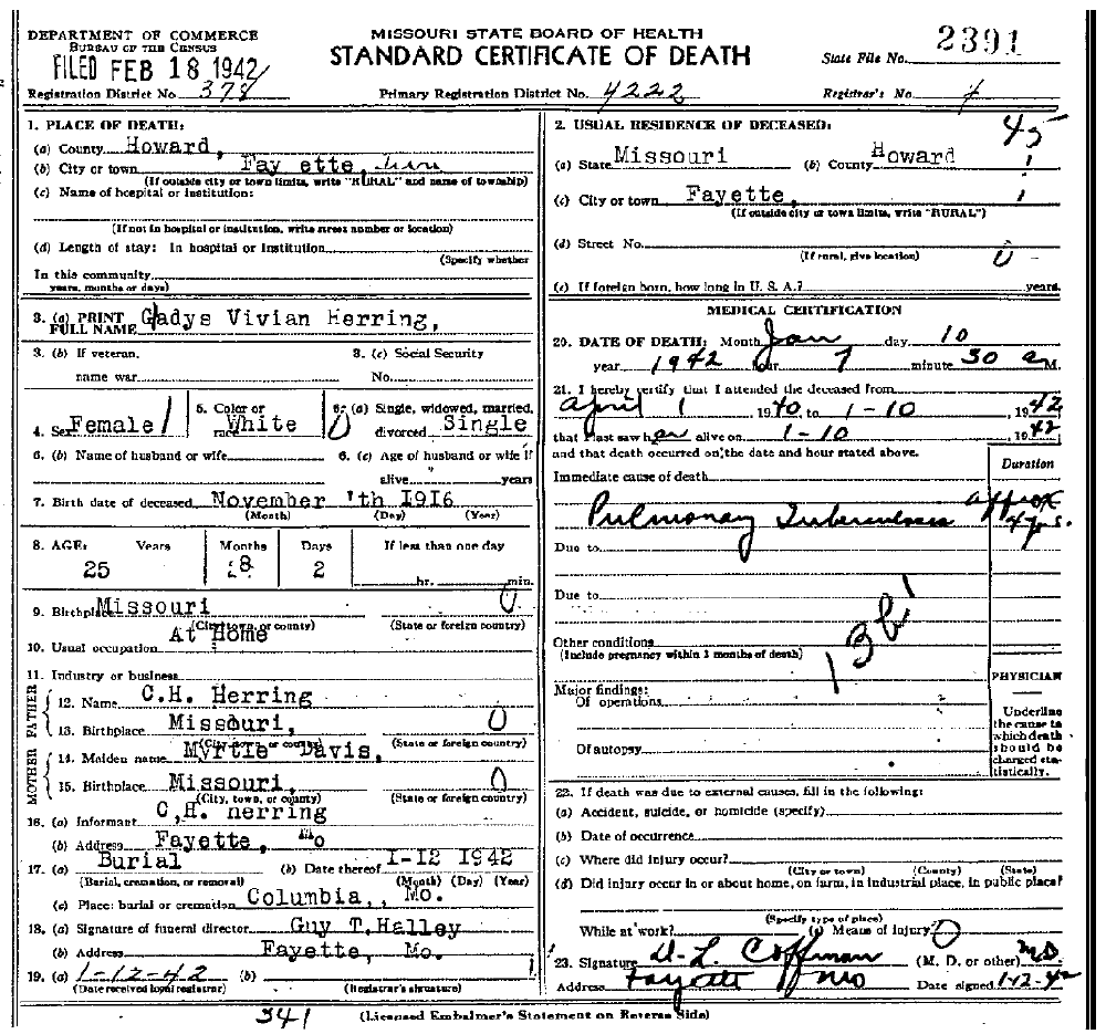 Death Certificate of Herring, Gladys Vivian