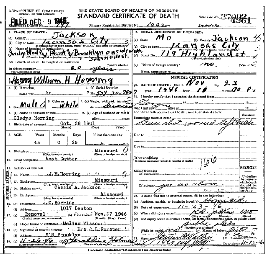 Death certificate of Herring, Harry William