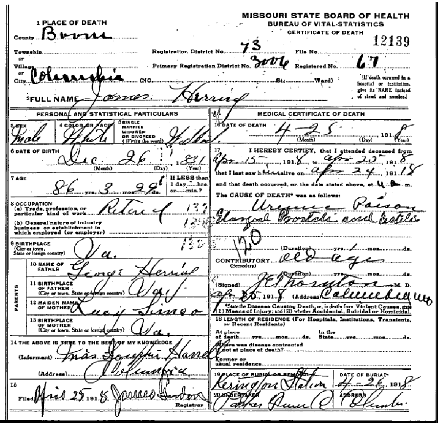 Death certificate of Herring, James E.