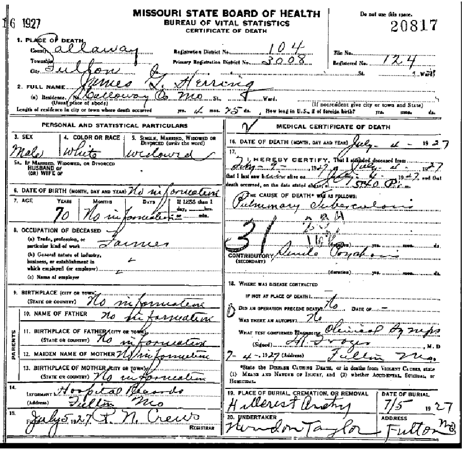 Death certificate of Herring, James G.