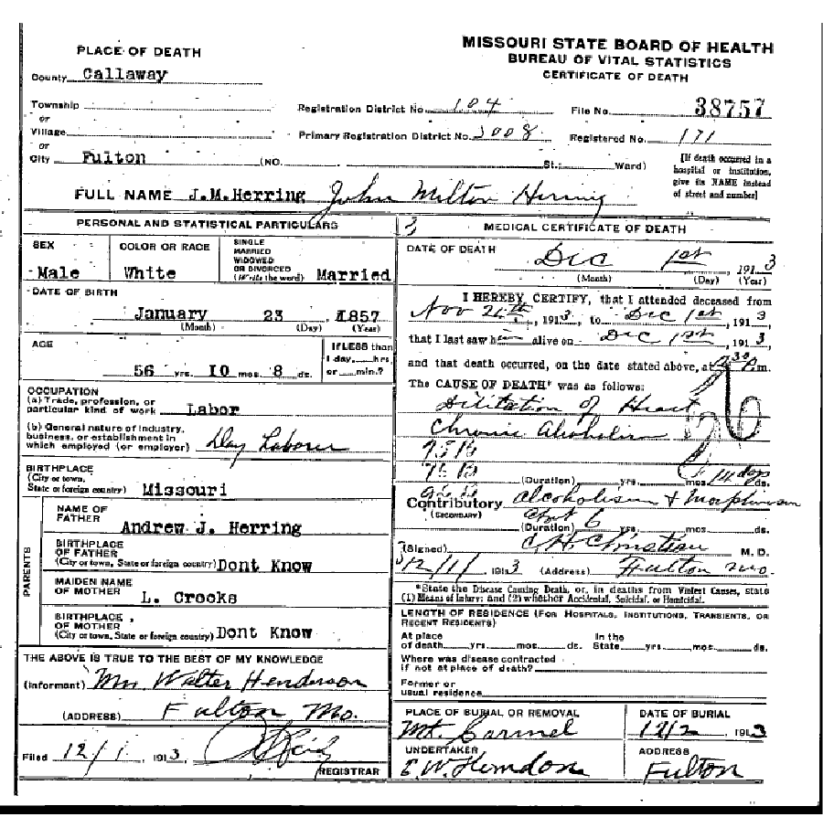 Death certificate of Herring, John Milton