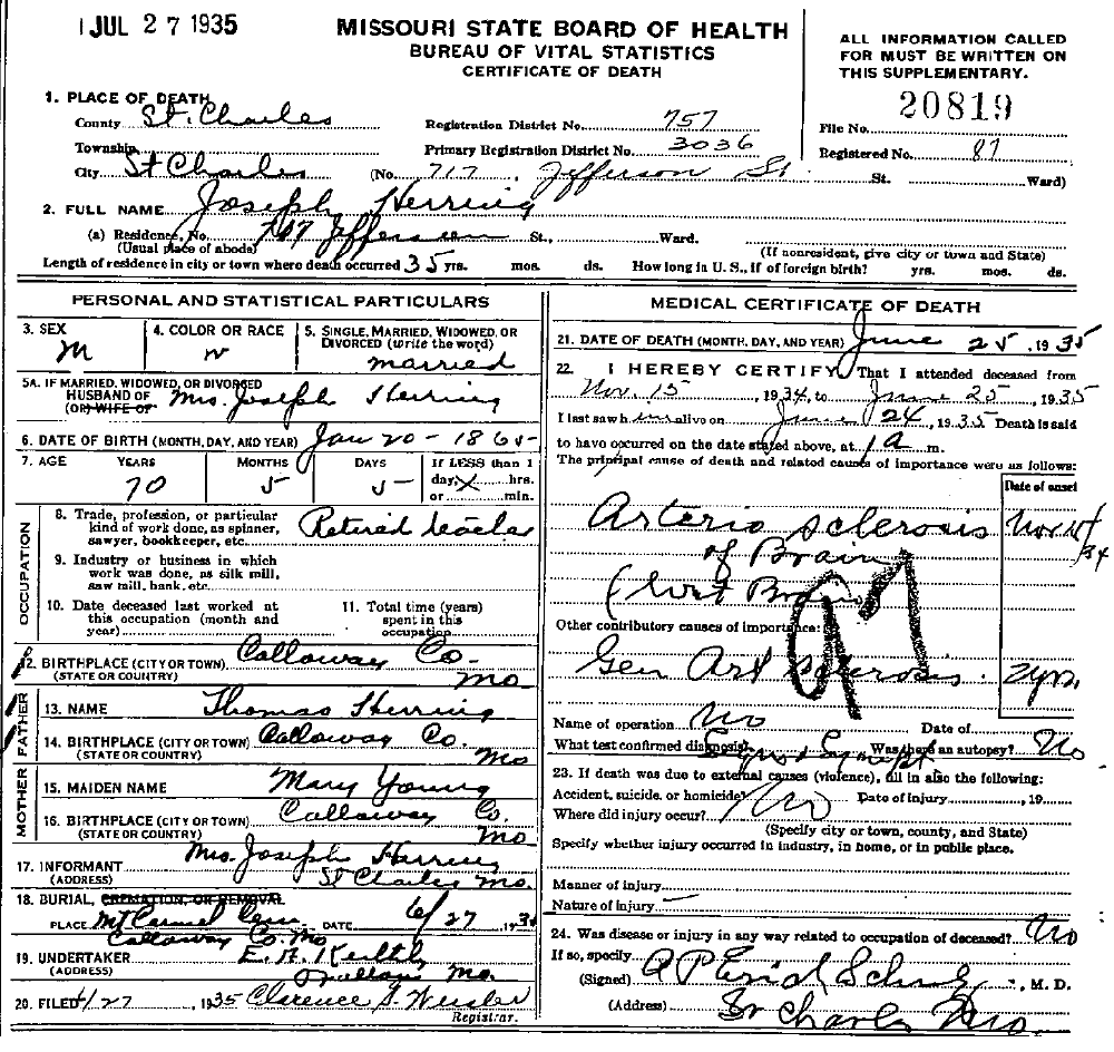 Death Certificate of Herring, Joseph
