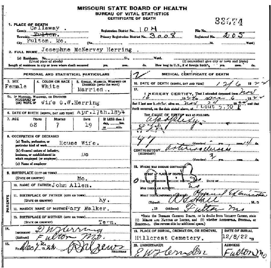 Death certificate of Herring, Josima M. Allen