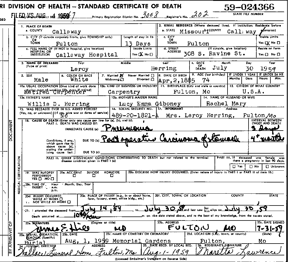 Death Certificate of Herring, LeRoy