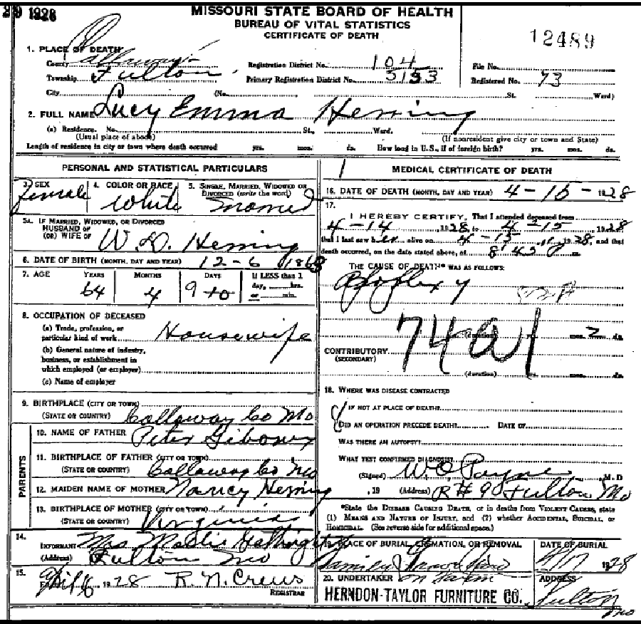 Death certificate of Herring, Lucy Emma Giboney