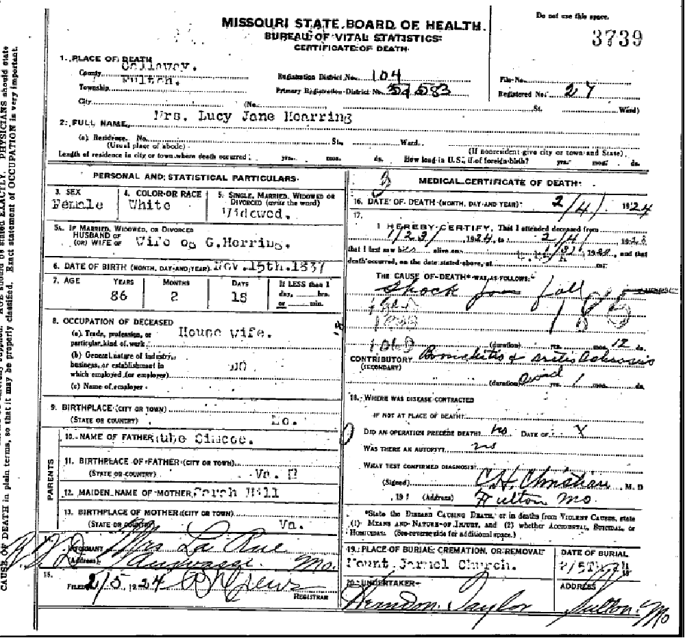 Death certificate of Herring, Lucy Jane Simco