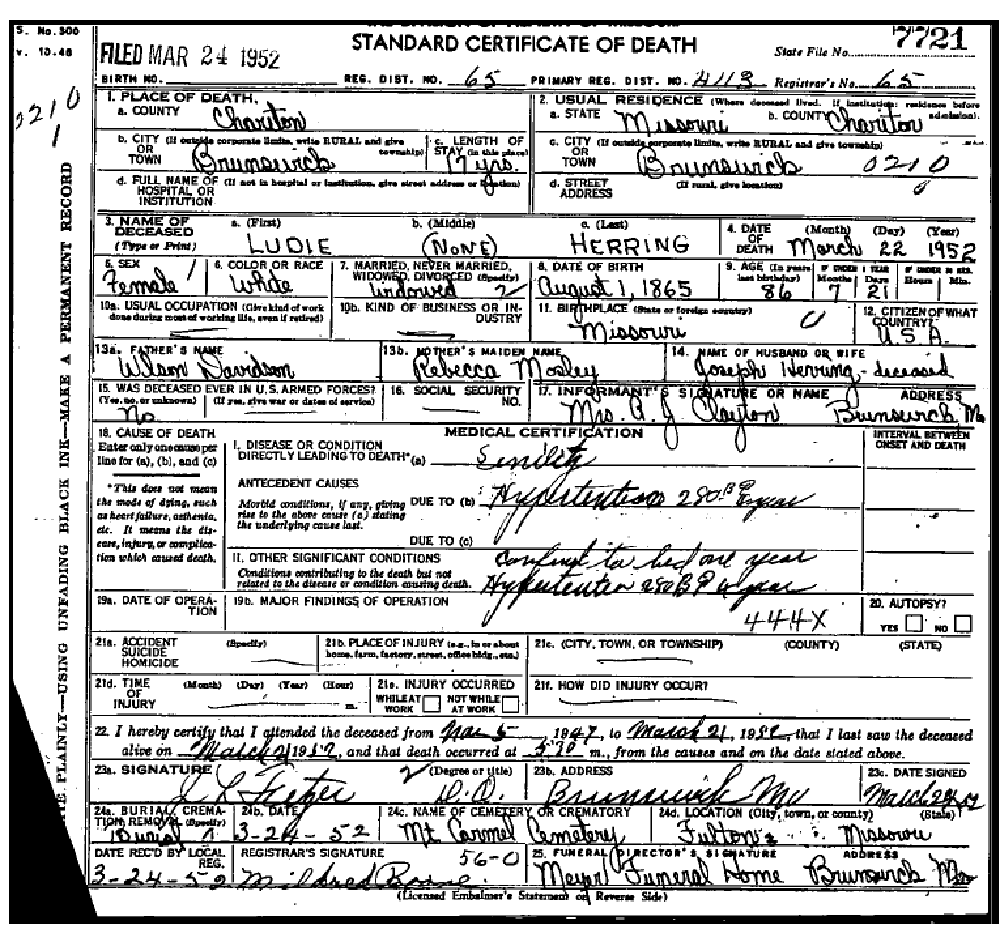 Death certificate of Herring, Luddie Davidson
