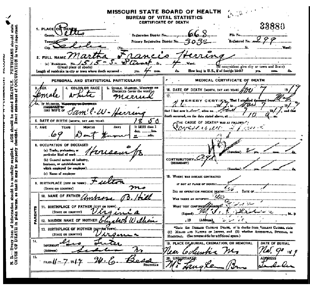 Death certificate of Herring, Martha Francis Hill