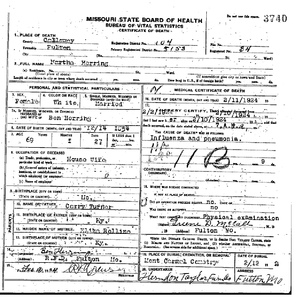 Death certificate of Herring, Martha Turner