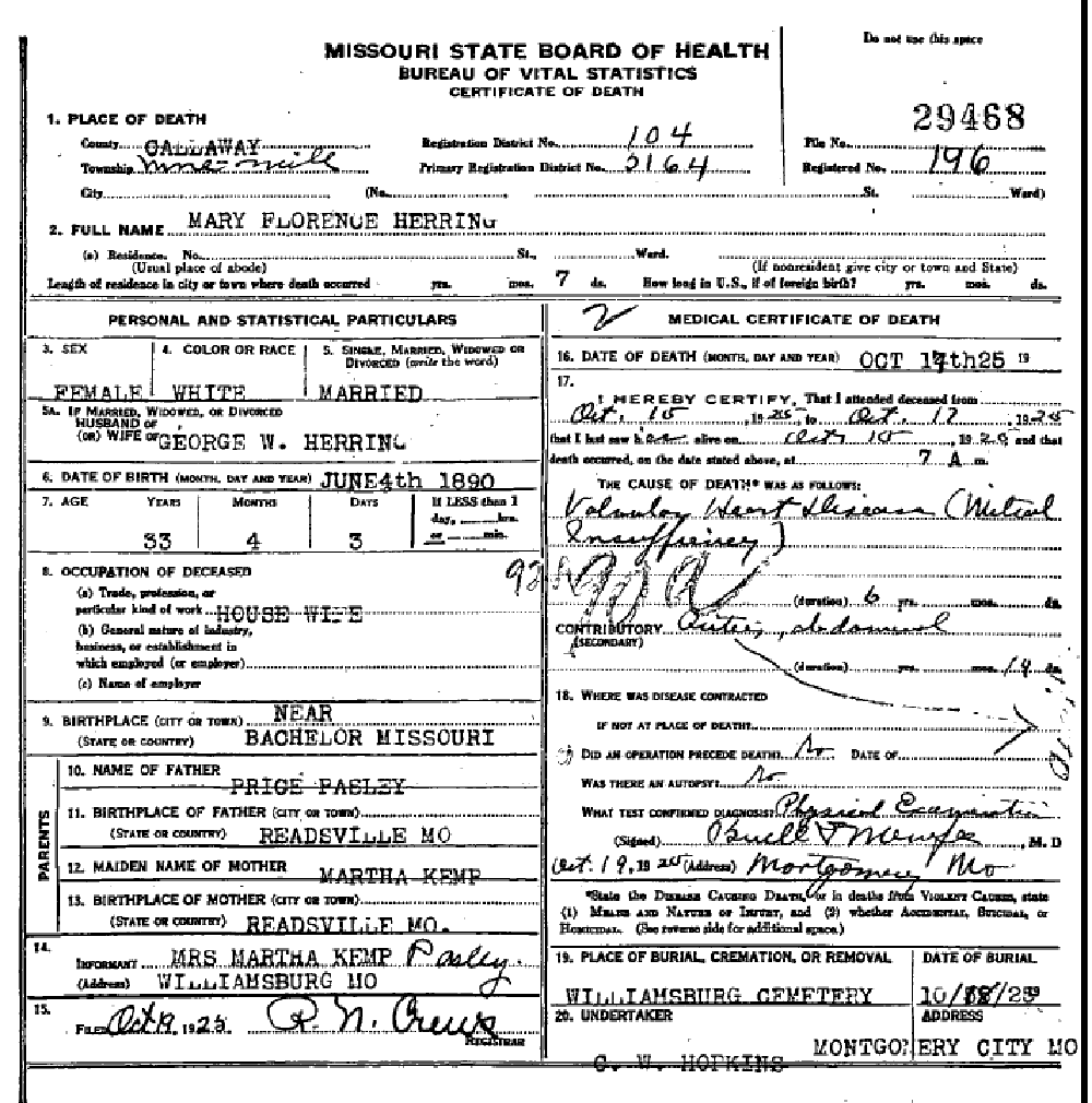 Death certificate of Herring, Mary Florence Pasley