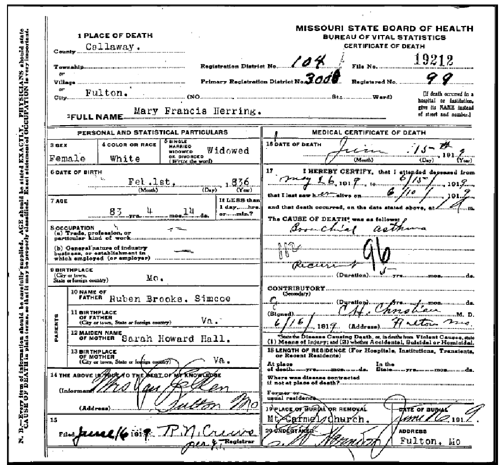 Death certificate of Herring, Mary Francis Simco