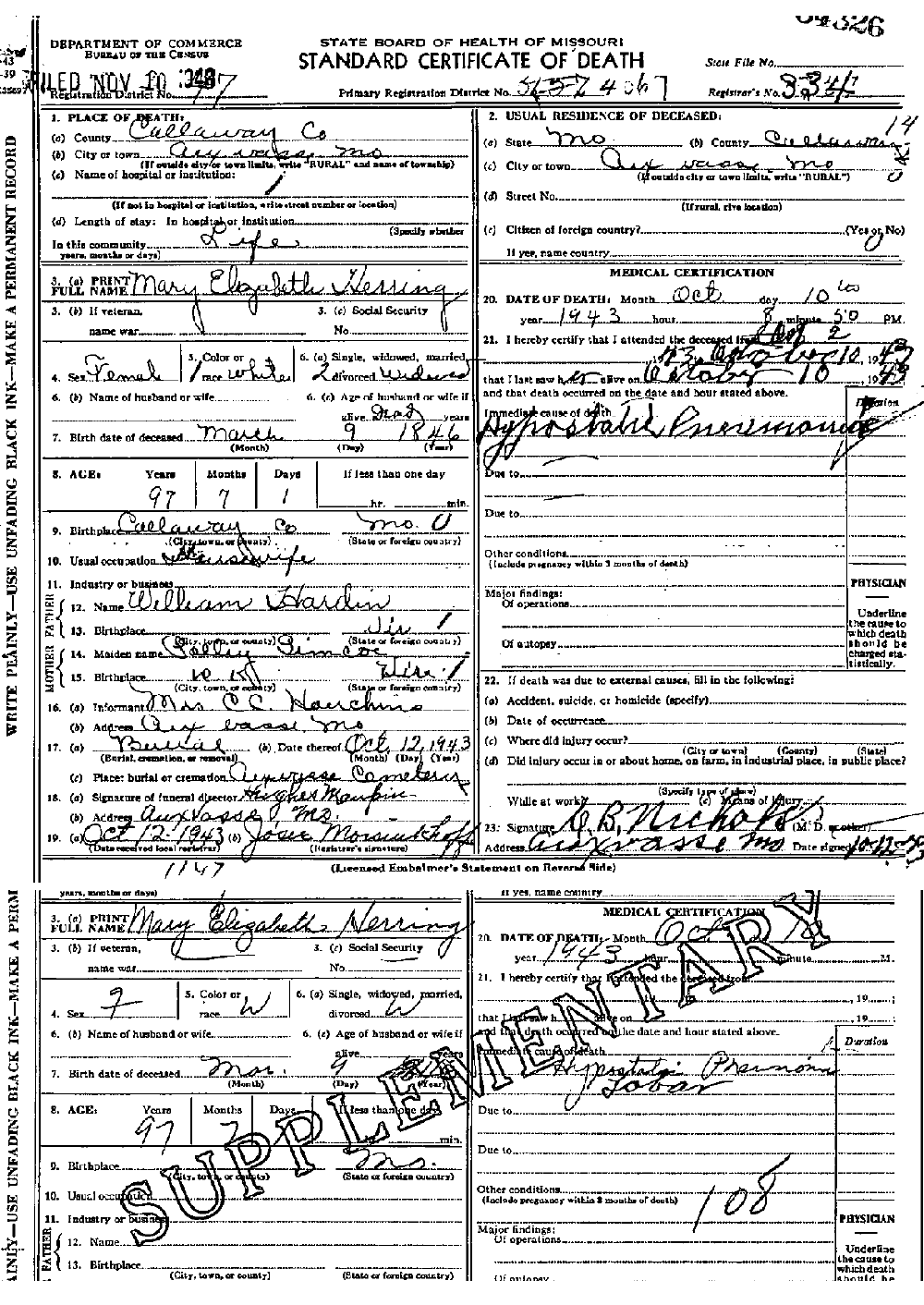Death Certificate of Herring, Mary A. Hardin