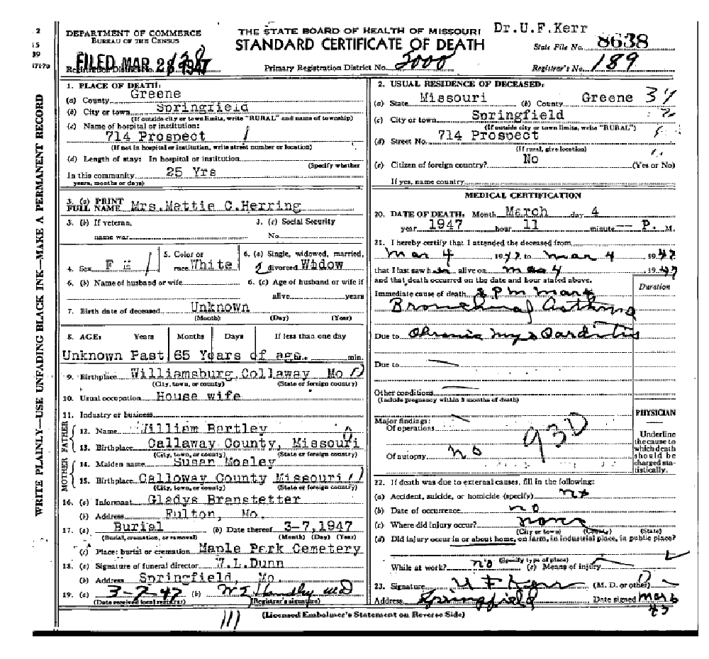 Death certificate of Herring, Mattie C. Bartley