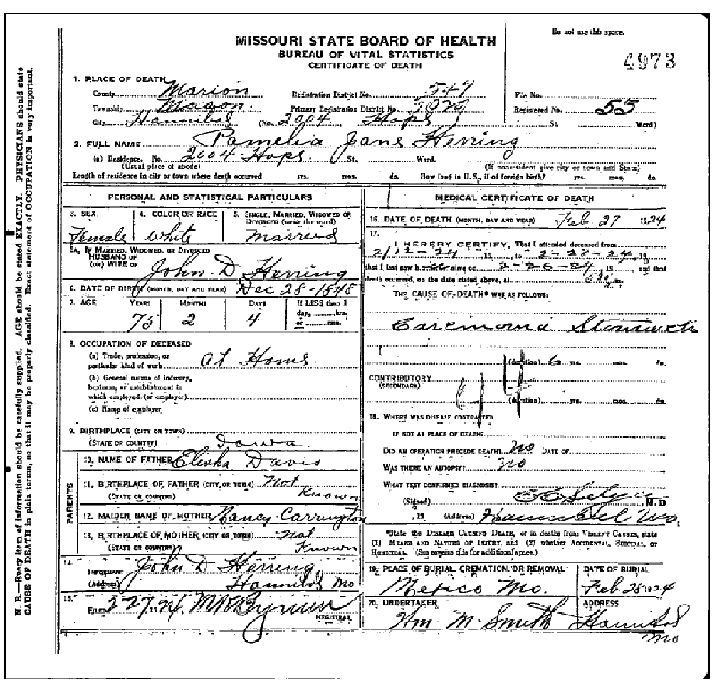 Death certificate of Herring, Permelia Jane Davis