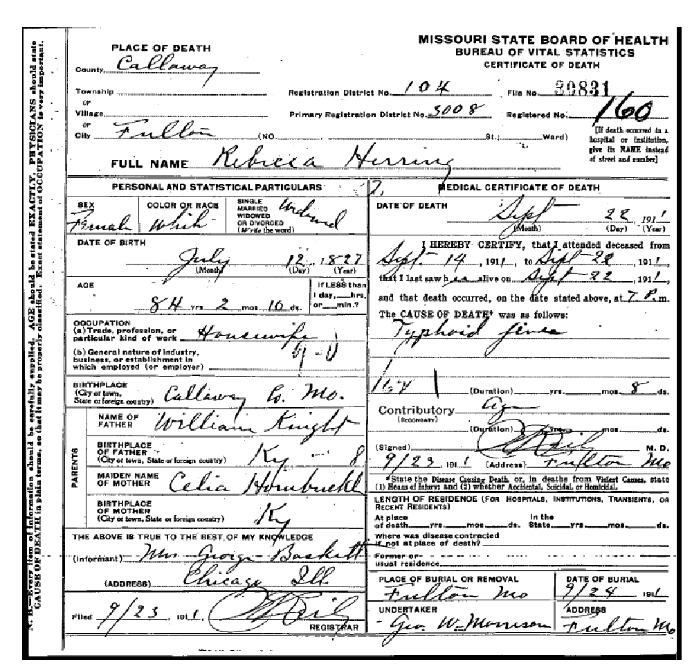 Death certificate of Herring, Rebecca Ann Knight