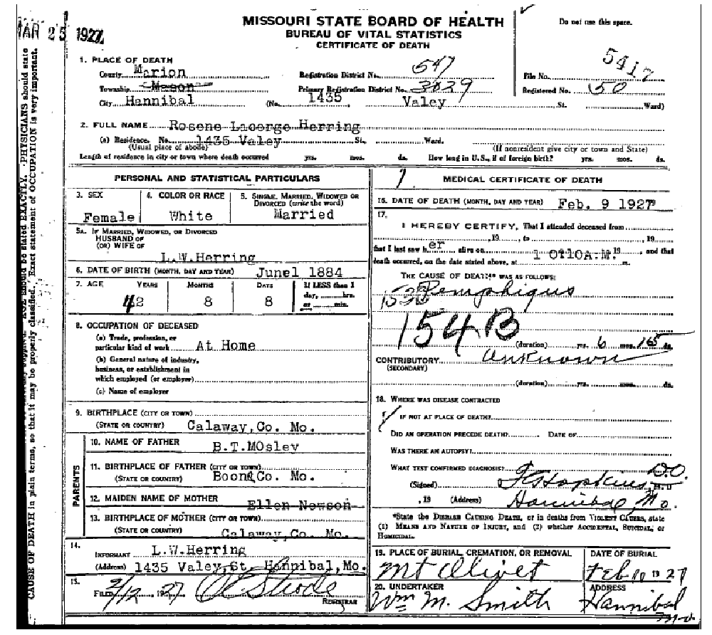 Death certificate of Herring, Rosene L. Mosley